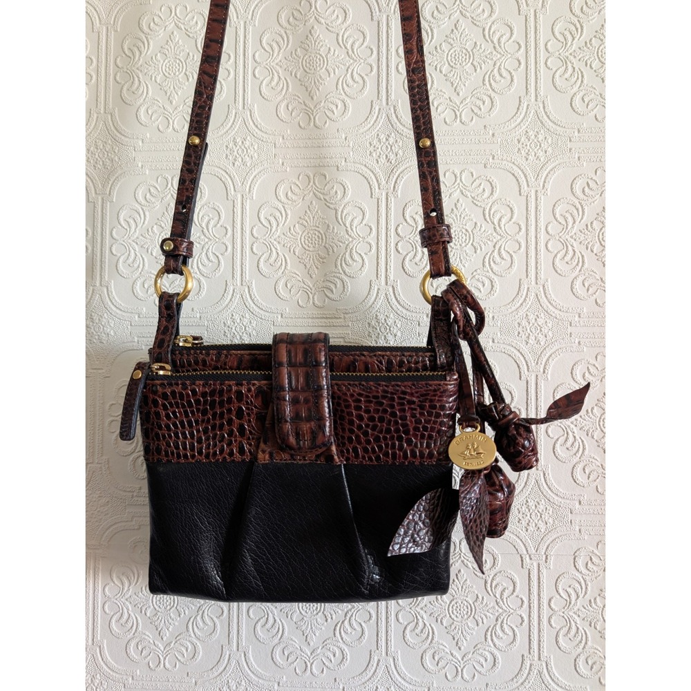 Brahmin Black Brown Croc Embossed Leather Crossbody Organizer Bag Tassel Charm
